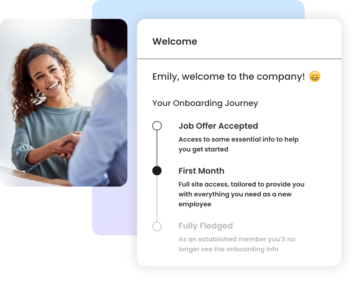 Smiling woman shakes hands, onboarding screen welcomes Emily to her first month