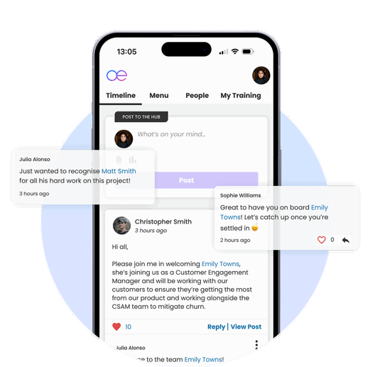 Mobile app screen showing employee recognition and welcome messages.