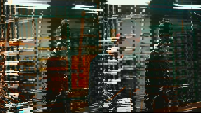 Man in manufacturing wearing a mask, looking at his phone near machinery.