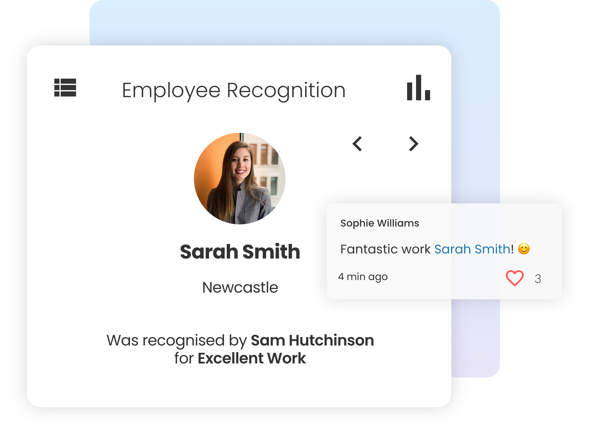 An image of recognition functionality on an intranet recognising an employee for excellent work.