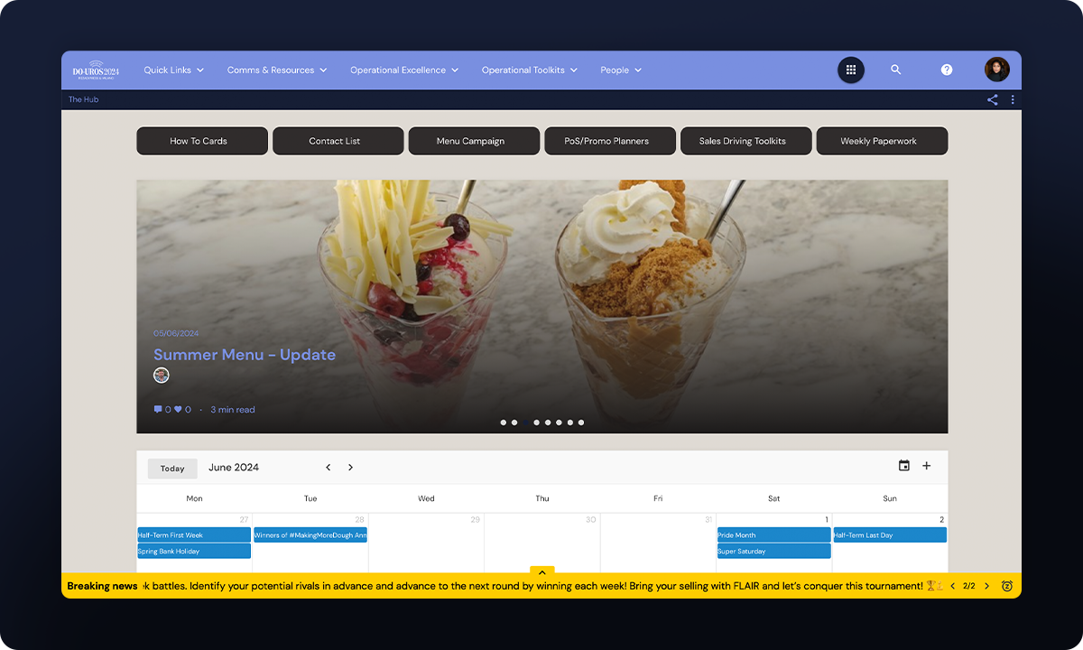 Pizza Express intranet home page with breaking new at the bottom