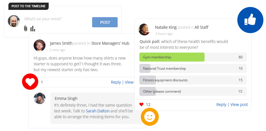 screens showing employees using Oak Engage's intranet messaging service