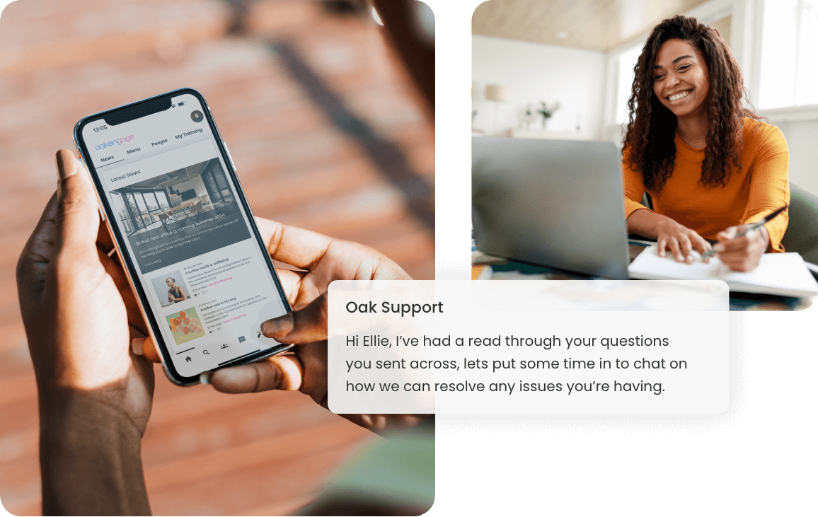 Oak intranet on a smartphone and a woman making notes