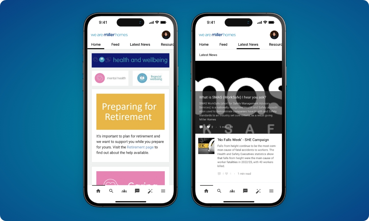 Two screenshots of Miller Homes' Oak Engage intranet on the mobile app