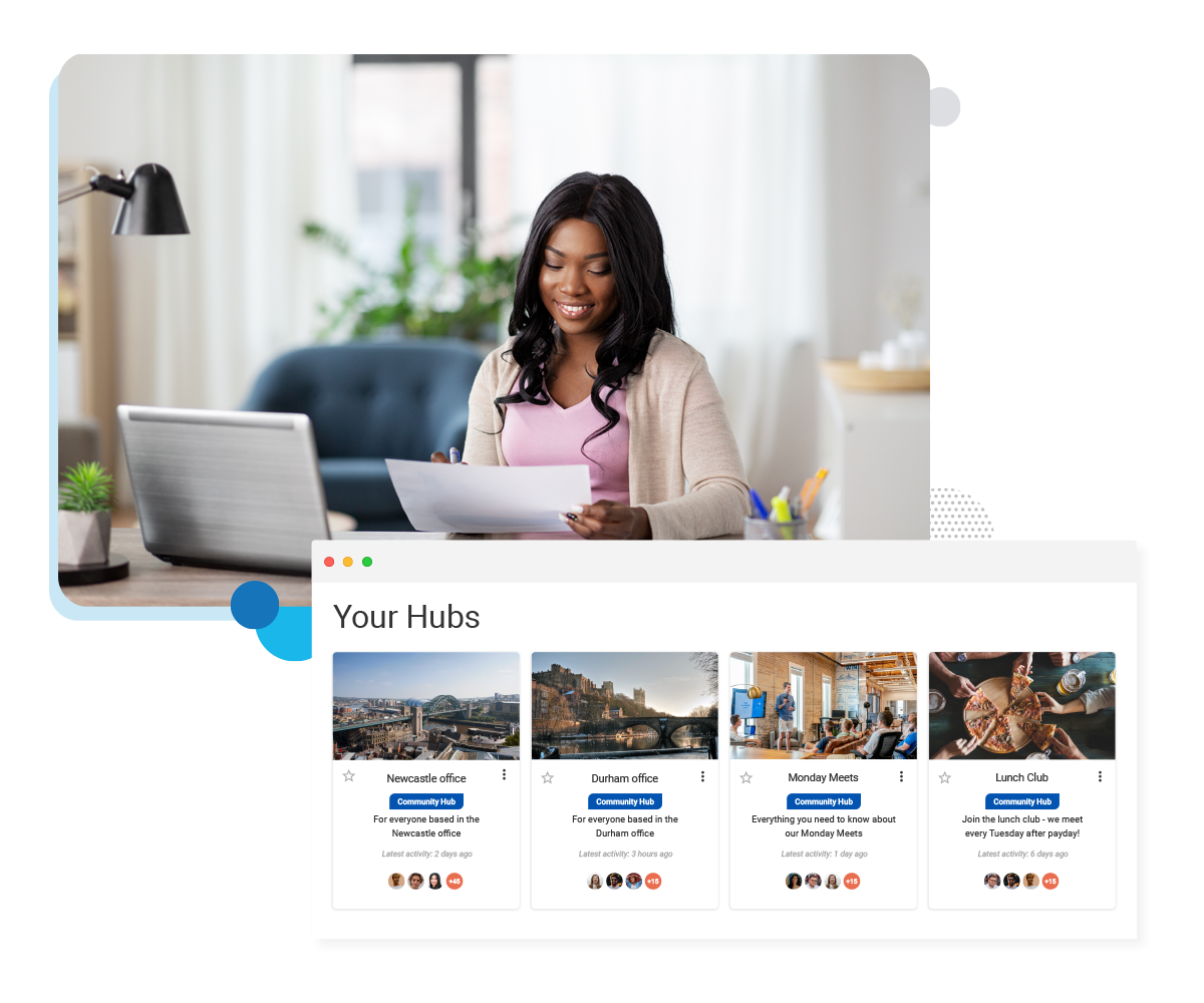 pullout showing screens of Oak Engage's intranet portal hubs