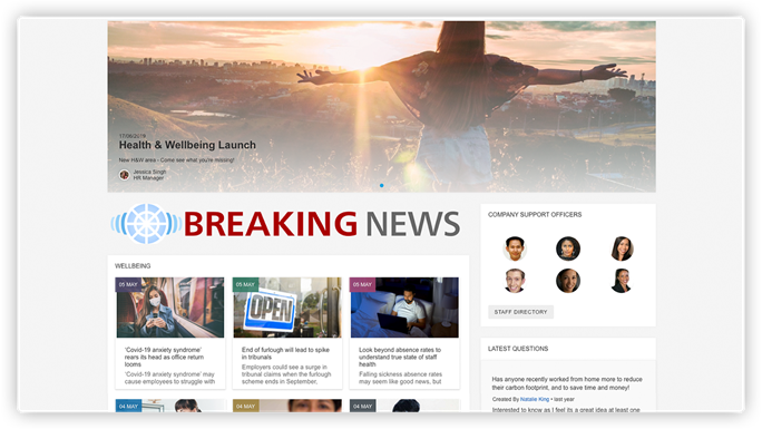 ntranet news feed with ‘Breaking News’ banner showing the launch of health & wellbeing initiative