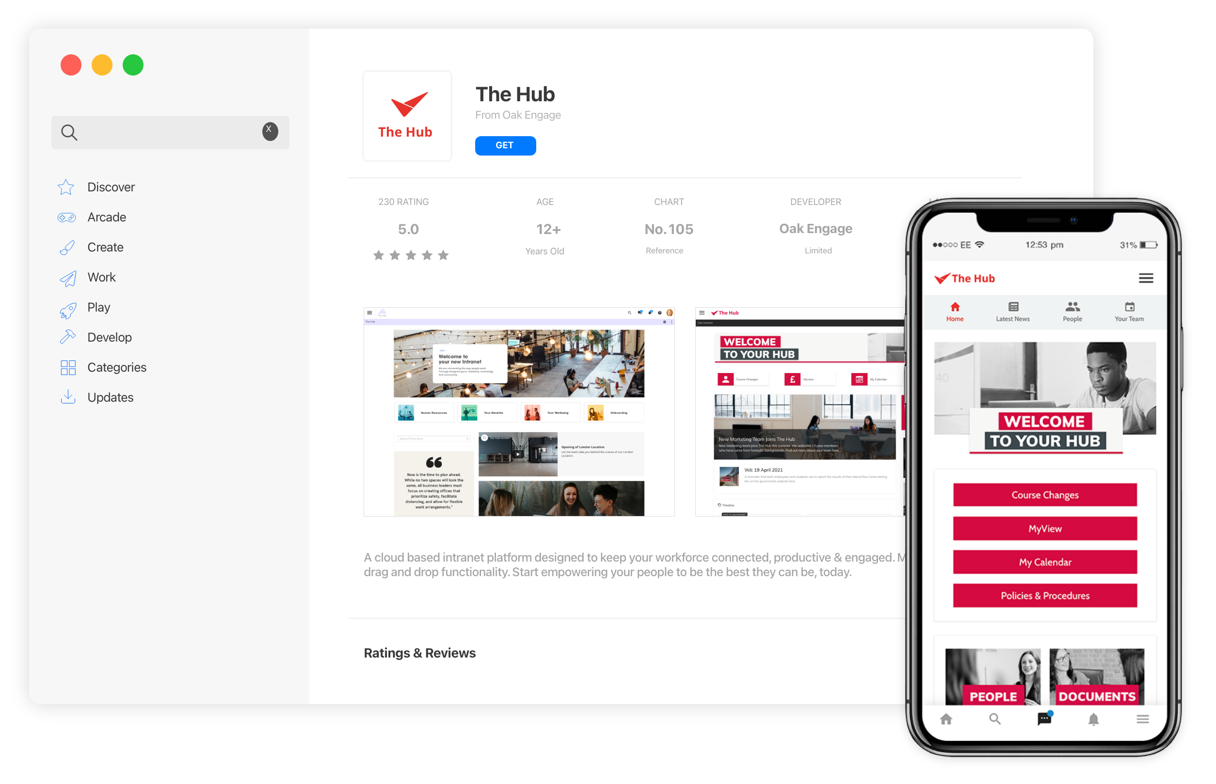 mobile phone and desktop screen both showing responsive versions of an intranet platform
