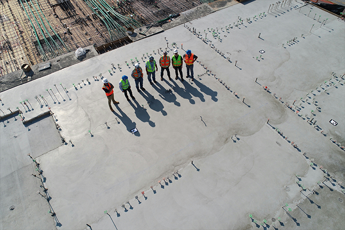 Aerial view of construction workers